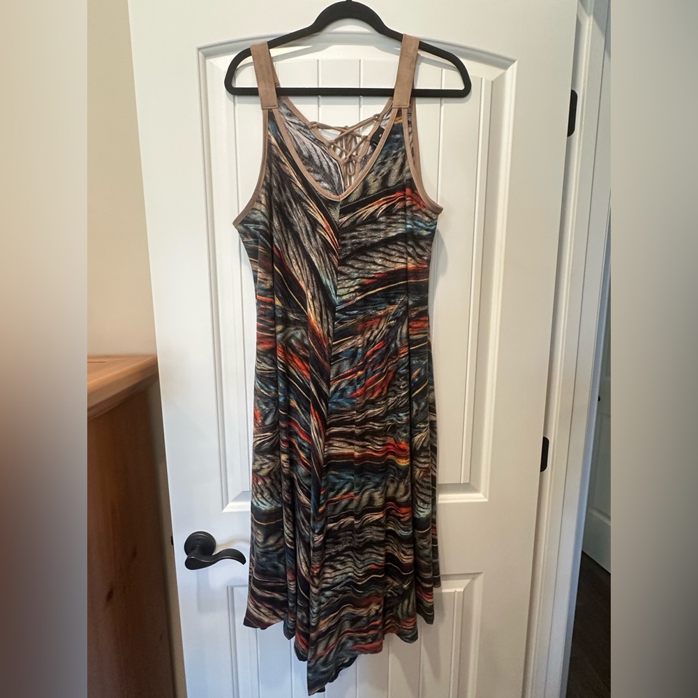 New Directions Multicolor Patterned Maxi Dress with Faux Suede Detailed Trim. XL